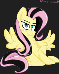Size: 631x800 | Tagged: safe, artist:mirabuncupcakes15, fluttershy, pegasus, pony, g4, angry, annoyed, black background, chest fluff, emoshy, female, fluttershy is not amused, mare, simple background, sitting, solo, unamused