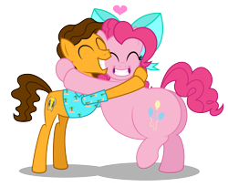 Size: 4483x3675 | Tagged: safe, artist:aleximusprime, cheese sandwich, pinkie pie, flurry heart's story, g4, alternate hairstyle, bow, chubby, clothes, couple, cute, dating, eyes closed, fat, female, hawaiian shirt, hug, in love, male, older, plump, pudgy pie, ship:cheesepie, shipping, shirt, simple background, smiling, straight, transparent background, weird al yankovic