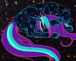Size: 1280x1036 | Tagged: safe, artist:homumu, oc, oc only, oc:andromeda, pony, unicorn, curled up, eyes closed, female, horn, mare, sleeping, solo, space, starry hair, unicorn oc