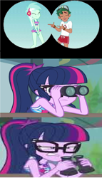 Size: 1256x2200 | Tagged: safe, artist:brandonale, edit, edited screencap, screencap, lyra heartstrings, sci-twi, timber spruce, twilight sparkle, equestria girls, g4, my little pony equestria girls: better together, turf war, unsolved selfie mysteries, angry, female, glasses, jealous, male, sci-twi is not amused, shipping, side chick, straight, timberstrings, timbertwi, unamused, wrong aspect ratio