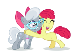 Size: 1323x934 | Tagged: safe, artist:culu-bluebeaver, edit, editor:slayerbvc, vector edit, apple bloom, silver spoon, earth pony, pony, g4, accessory swap, accessory-less edit, apple bloom's bow, bow, embarrassed, female, filly, glasses, hair bow, hug, jewelry, missing accessory, necklace, simple background, transparent background, vector