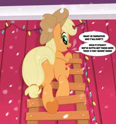 Size: 3600x3860 | Tagged: safe, artist:spookitty, applejack, earth pony, pony, g4, applebutt, applejack's hat, butt, christmas, christmas lights, climbing, cowboy hat, dialogue, female, from below, hat, high res, holiday, ladder, looking at you, looking back, looking back at you, mare, open mouth, plot, raised tail, solo, speech bubble, tail, tail aside, underhoof