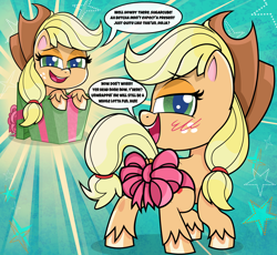 Size: 2350x2160 | Tagged: safe, artist:spookitty, applejack, earth pony, pony, art pack:clop for a cause 5, g4.5, my little pony: pony life, blushing, dock, female, hat, high res, innuendo, looking at you, looking back, looking back at you, ribbon, smiling, solo, tail