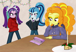 Size: 2600x1800 | Tagged: safe, artist:shinhoffman, adagio dazzle, aria blaze, sonata dusk, fly, insect, equestria girls, g4, candle, clothes, empty, female, high res, the dazzlings, trio, wallet, winter outfit