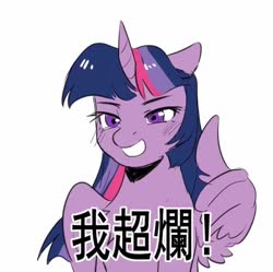 Size: 1046x1043 | Tagged: artist needed, safe, twilight sparkle, alicorn, pony, g4, chinese, female, grin, mare, meme, ponified meme, simple background, smiling, solo, thumbs up, translated in the comments, twilight sparkle (alicorn), white background, wing gesture, wing hands, wings