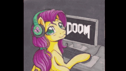 Size: 640x360 | Tagged: safe, ai assisted, ai content, artist:nothingspecialx9, edit, fifteen.ai, fluttershy, pegasus, pony, g4, :3, ai voice, aivo, animated, avo, colored pupils, computer, cute, doom, doom 2016, female, gamer, headphones, looking at you, shyabetes, smiling, solo, sound, sound only, text to speech, the slayer's testament, vibrating, webm, zoom