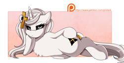 Size: 3117x1587 | Tagged: safe, artist:pridark, oc, oc only, oc:whitefire, pony, unicorn, black sclera, chest fluff, cutie mark, digital art, draw me like one of your french girls, female, hairpin, long mane, looking at you, mare, patreon, patreon logo, patreon reward, solo, tail ring, unamused, url