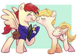 Size: 3504x2546 | Tagged: source needed, useless source url, safe, artist:virtualkidavenue, care package, special delivery, oc, oc:exist, griffequus, hybrid, original species, pegasus, pony, g4, boop, canon x oc, clothes, cute, gay, hat, high res, mail carrier, male, nuzzling, shipping, stallion, uniform, wings
