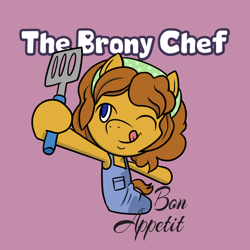 Size: 2500x2500 | Tagged: safe, artist:amynewblue, oc, oc only, oc:the brony chef, pegasus, pony, chef, cooking, cooking mama, high res, purple background, simple background, solo, text