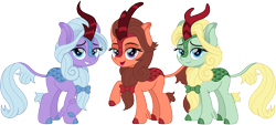 Size: 3307x1500 | Tagged: safe, artist:cloudy glow, dear darling, fond feather, swoon song, kirin, g4, bimbettes, female, kirin-ified, lidded eyes, looking at you, raised hoof, simple background, smiling, smiling at you, species swap, transparent background, trio, trio female