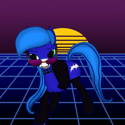 Size: 8000x8000 | Tagged: safe, artist:annette62, oc, oc only, oc:annette (lewdpone), pegasus, pony, 80's style, blue mane, choker, clothes, female, green eyes, grid, mare, pegasus oc, sexy, smiling at you, socks, solo, stripes, sun, sunglasses, synthwave, wings