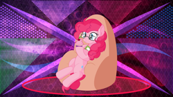 Size: 3840x2160 | Tagged: safe, artist:cyanlightning, artist:laszlvfx, edit, pinkie pie, earth pony, pony, g4, cupcake, female, food, glasses, high res, hoof hold, mare, solo, wallpaper, wallpaper edit