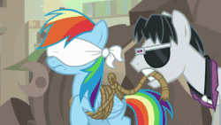 Size: 640x360 | Tagged: safe, screencap, biff, daring do, doctor caballeron, pinkie pie, rainbow dash, rogue (g4), withers, earth pony, pegasus, pony, daring done?, g4, season 7, animated, attempted murder, beard, blindfold, bondage, evil planning in progress, facial hair, female, gif, gritted teeth, henchmen, kidnapped, lackeys, male, mare, multicolored mane, predicament, rainbond dash, screaming, slime, somnambula (location), stallion, struggling, sweat, temple, tied up, trap (device), volumetric mouth, you know for kids