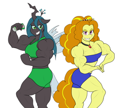Size: 1952x1745 | Tagged: safe, artist:matchstickman, adagio dazzle, queen chrysalis, changeling, changeling queen, earth pony, anthro, g4, acardio dazzle, clothes, compression shorts, drink, duo, female, flexing, gem, lidded eyes, looking at you, muscles, muscular female, pecs, pose, queen chrysalifts, simple background, siren gem, smiling, smirk, sports bra, tube top, white background
