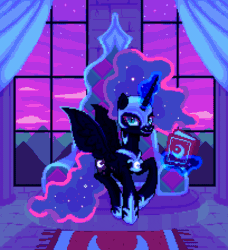 Size: 910x1000 | Tagged: safe, artist:hikkage, nightmare moon, oc, oc:queen lahmia, alicorn, changeling, changeling queen, pony, animated, blue changeling, book, changeling queen oc, disguise, disguised changeling, featured image, female, levitation, magic, not queen chrysalis, pixel art, shapeshifting, solo, telekinesis, throne, throne room, transformation
