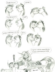 Size: 1100x1426 | Tagged: safe, artist:baron engel, apple bloom, princess luna, oc, oc:stone mane (baron engel), alicorn, earth pony, pony, g4, bow, colt, exclamation point, female, filly, hair bow, kissing, male, mare, monochrome, pencil drawing, traditional art