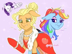 Size: 880x658 | Tagged: safe, artist:pinkyydoodles, applejack, rainbow dash, rarity, earth pony, pegasus, pony, unicorn, g4, ..., alternate hairstyle, and then there's rarity, applejack also dresses in style, clothes, dress, ear piercing, eyeshadow, fabulous, feather boa, female, floating heart, floppy ears, glasses, heart, heart shaped glasses, jewelry, makeover, makeup, mare, necklace, pearl necklace, piercing, pink background, rainbow dash always dresses in style, rainbow dash is not amused, signature, simple background, speech bubble, sunglasses, tomboy taming, unamused, unsure