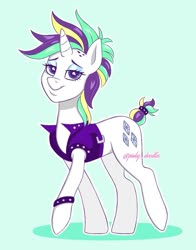Size: 845x1078 | Tagged: safe, artist:pinkyydoodles, rarity, pony, unicorn, g4, alternate hairstyle, blue background, eyeshadow, female, lidded eyes, looking at you, makeup, mare, punk, raripunk, signature, simple background, smiling, solo