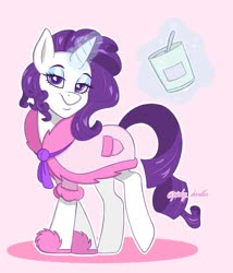 Size: 899x1052 | Tagged: safe, artist:pinkyydoodles, rarity, pony, unicorn, g4, bathrobe, clothes, female, food, glowing horn, horn, ice cream, lidded eyes, looking at you, magic, mare, pink background, robe, signature, simple background, slippers, smiling, solo, telekinesis