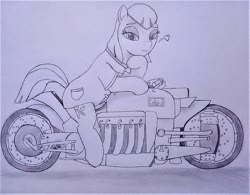 Size: 900x703 | Tagged: safe, artist:drcool13, powder rouge, earth pony, pony, g4, female, lidded eyes, mare, monochrome, motorcycle, solo, traditional art