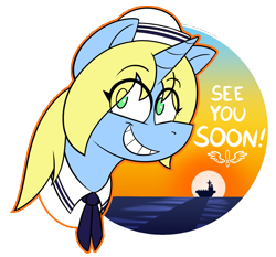 Size: 1403x1307 | Tagged: safe, artist:mynder, oc, oc:art's desire, pony, unicorn, female, mare, sailor uniform, simple background, smiling, sunset, transparent background, uniform