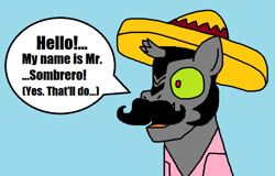 Size: 947x605 | Tagged: safe, artist:logan jones, king sombra, g4, broken horn, clothes, disguise, fake moustache, horn, king sombrero, light blue background, male, marge vs the monorail, paper-thin disguise, shirt, sombrero, the simpsons