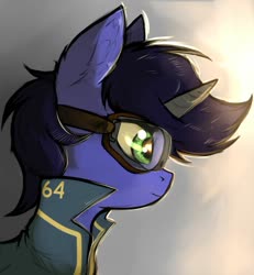 Size: 1280x1383 | Tagged: safe, artist:tatykin, oc, oc only, pony, unicorn, fallout equestria, clothes, glasses, jumpsuit, male, solo, stable-tec, vault suit