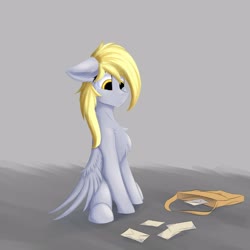 Size: 3000x3000 | Tagged: safe, artist:observerdoz, derpy hooves, pegasus, pony, g4, chest fluff, cute, derpabetes, female, floppy ears, high res, letter, mare, sad, sadorable, sitting, solo