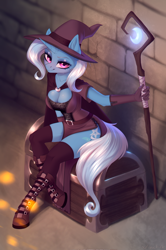 Size: 1890x2852 | Tagged: safe, artist:vincher, trixie, unicorn, anthro, unguligrade anthro, bedroom eyes, boots, breasts, busty trixie, cleavage, clothes, commission, female, gloves, hat, hoof boots, lidded eyes, looking at you, looking up, mare, shoes, smiling, solo, staff, stockings, thigh highs, treasure chest, wizard, wizard hat