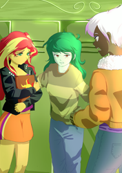 Size: 2480x3508 | Tagged: safe, artist:amazingpuffhair, gilda, sunset shimmer, wallflower blush, equestria girls, g4, canterlot high, clothes, commission, equestria girls-ified, hallway, high res, jacket, journal, lockers, midriff, open mouth, pants, skirt