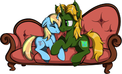 Size: 2094x1271 | Tagged: safe, artist:shadow blaze, oc, oc only, oc:dravakiirm, oc:skydreams, pony, unicorn, couch, female, male, mare, simple background, snuggling, stallion, transparent background