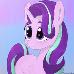 Size: 3480x3508 | Tagged: safe, artist:angelinarichter, starlight glimmer, pony, unicorn, g4, blue background, cute, eye clipping through hair, female, glimmerbetes, high res, mare, simple background, solo