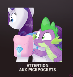 Size: 1580x1657 | Tagged: safe, rarity, spike, dragon, pony, unicorn, g4, bag, diamond, faic, female, french, frown, male, pickpocketing, saddle bag, stealing, text, this will not end well