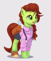 Size: 2462x2925 | Tagged: safe, artist:drafthoof, oc, oc only, oc:oil drop, earth pony, pony, bag, boots, braid, clothes, female, high res, mare, saddle bag, shirt, shoes, shorts, simple background, solo, wrench