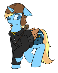 Size: 944x1189 | Tagged: safe, artist:skydreams, oc, oc only, oc:skydreams, cyborg, cyborg pony, pony, unicorn, fallout equestria, anxious, artificial wings, augmented, bag, clothes, concerned, crossbow, female, jacket, leather jacket, mare, mechanical wing, saddle bag, simple background, stable-tec, transparent background, wings