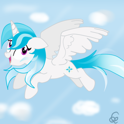 Size: 2000x2000 | Tagged: safe, artist:applerougi, oc, oc only, oc:princess crystal, alicorn, pony, alicorn oc, day, female, flying, high res, horn, looking up, mare, sky, solo, wings