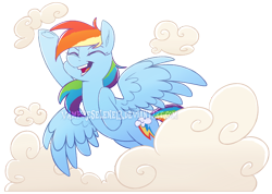 Size: 800x569 | Tagged: safe, artist:vampireselene13, rainbow dash, pegasus, pony, g4, cloud, eyes closed, female, flying, simple background, smiling, solo, spread wings, transparent background, watermark, wings