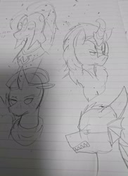 Size: 1487x2048 | Tagged: safe, artist:omegapony16, oc, oc only, oc:oriponi, changeling, dragon, hippogriff, kirin, bust, changeling oc, dragon oc, hat, hippogriff oc, kirin oc, lineart, lined paper, traditional art