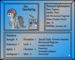 Size: 4096x3276 | Tagged: safe, artist:phase shot, oc, oc only, oc:ion sparkplug, pegasus, pony, fangs, feral fluffy pony, reference sheet, s.p.e.c.i.a.l., smiling, smirk, text