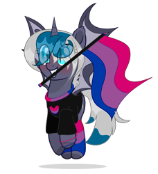 Size: 1712x1876 | Tagged: safe, artist:bublebee123, oc, oc only, oc:elizabat stormfeather, alicorn, bat pony, bat pony alicorn, pony, alicorn oc, bat pony oc, bat wings, bisexual pride flag, blushing, bracelet, clothes, cute, female, grin, heart, horn, jewelry, mare, mouth hold, ocbetes, pride, pride flag, pride socks, shirt, simple background, smiling, socks, solo, striped socks, t-shirt, transparent background, wings