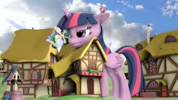 Size: 1280x720 | Tagged: safe, artist:jeroen01, pinkie pie, princess celestia, twilight sparkle, alicorn, earth pony, pony, g4, 3d, attack on twi-tan, boop, building, cloud, cutie mark, female, floppy ears, giant pony, house, macro, mare, ponyville, scrunchy face, size difference, sky, source filmmaker, town, twilight sparkle (alicorn), unamused, well