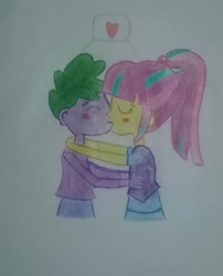 Size: 1276x1582 | Tagged: safe, artist:ulisesramirez132, sour sweet, spike, human, equestria girls, g4, duo, eyes closed, heart, hug, human spike, kiss on the lips, kissing, shipping, sourspike, spike gets all the crystal prep, spike gets all the equestria girls, traditional art