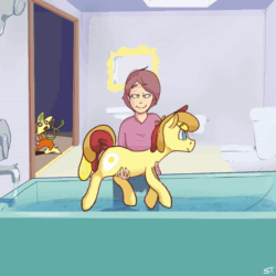 Size: 1080x1080 | Tagged: safe, artist:storyteller, oc, oc only, oc:non toxic, oc:omelette, human, pony, g4, animated, bathtub, behaving like a dog, commission, cute, frame by frame, holding a pony, no sound, swimming, webm
