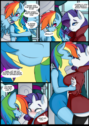 Size: 2826x4025 | Tagged: safe, artist:caoscore, rainbow dash, rarity, pegasus, unicorn, anthro, g4, rarity investigates, bedroom eyes, blushing, breasts, clothes, comic, costume, delicious flat chest, detective rarity, female, hand on face, holding hands, kissing, lesbian, lidded eyes, looking at each other, rainbow flat, ship:raridash, shipping, stockings, surprise kiss, thick eyebrows, thigh highs, uniform, unitard, wings, wonderbolt trainee uniform