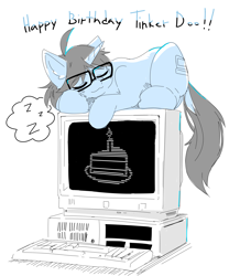 Size: 2757x3312 | Tagged: safe, artist:detectiveneko, oc, oc only, oc:tinker doo, pony, birthday, cake, computer, food, glasses, high res, male, sleeping, solo