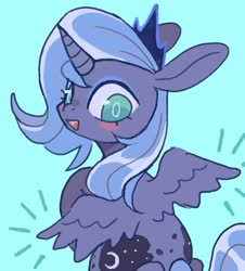 Size: 866x960 | Tagged: safe, artist:10uhh, princess luna, alicorn, pony, g4, blue background, blush sticker, blushing, both cutie marks, colored pupils, crown, cute, female, filly, jewelry, lunabetes, mare, open mouth, rear view, regalia, s1 luna, simple background, sitting, solo, spread wings, wings, woona, younger