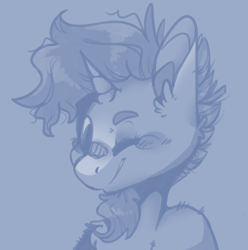 Size: 978x986 | Tagged: safe, artist:chyoatas, sunburst, pony, unicorn, g4, blue background, blushing, bust, chest fluff, cute, ear fluff, looking at you, male, monochrome, one eye closed, portrait, simple background, smiling, solo, stallion, sunbetes, wink