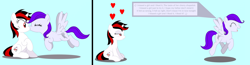 Size: 5736x1488 | Tagged: safe, artist:draymanor57, oc, oc only, oc:blackjack, oc:morning glory (project horizons), pegasus, pony, unicorn, fallout equestria, fallout equestria: project horizons, branded, cute, dashite, dashite brand, fanfic art, female, floating heart, flying, gloryjack, heart, horn, katy perry, kissing, lesbian, lidded eyes, love, mare, oc x oc, raised hoof, shipping, singing, small horn, song reference