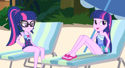 Size: 2808x1528 | Tagged: safe, artist:draymanor57, sci-twi, twilight sparkle, equestria girls, g4, beach, clothes, duality, feet, one-piece swimsuit, sandals, self ponidox, swimsuit, twilight sparkle (alicorn), twolight
