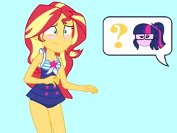 Size: 2048x1536 | Tagged: safe, artist:draymanor57, sunset shimmer, twilight sparkle, equestria girls, g4, clothes, clothes swap, humanized, implied sci-twi, one-piece swimsuit, sci-twi swimsuit, sleeveless, swimsuit, swimsuit swap